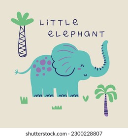 print design with cute elephant cartoon drawing as vector for kids fashion