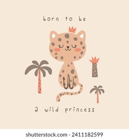 print design with cute leopard drawing as vector for kids fashion