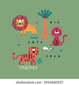 print design with cute leopard, lion and tiger drawing for kids fashion 