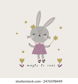 print design with cute princess bunny drawing for baby fashion as vector