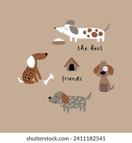 print design with cute puppies drawing as vector