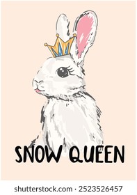 Print design with cute queen bunny drawing as vector, Cute bunny girl with crown.