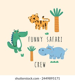 print design with cute safari animals for kids fashion tee print as vector