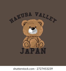 Diseño de la impresión con el dibujo lindo del oso de peluche y la fuente de la universidad como Vector