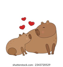 Print design, cute vector illustration with capybara with her cub and heart for t-shirt design, cover, poster.