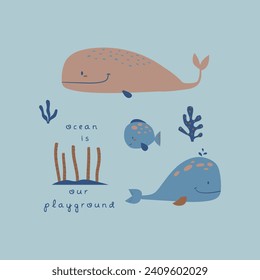 print design with cute whales and fish drawing as vector