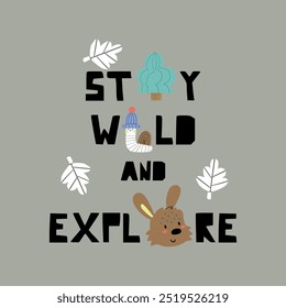 print design with cute worm, rabbit head, leaf drawing as vector