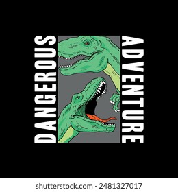 print design fo tee with wild dinosaurs drawing as vector