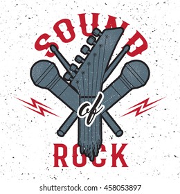 Print design with a guitar head, microphone and drumsticks. Sound of Rock sign.