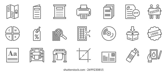 Print design icon set. Containing flyer,brochure, banner, print, paper, DTP, poster, CMYK, price tag, DPL, output, vinyil, packaging, logo, font, and more. Line icons template vector collection.
