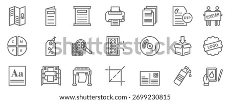 Print design icon set. Containing flyer,brochure, banner, print, paper, DTP, poster, CMYK, price tag, DPL, output, vinyil, packaging, logo, font, and more. Line icons template vector collection.
