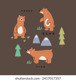 print design for kids fashion with bear cartoon drawing as vector