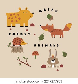 diseño de impresión para niños moda con lindos animales del bosque dibujando como vector