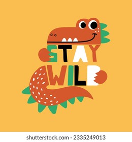 print design for kids fashion with cute dinosaur drawing and lettering as. vector