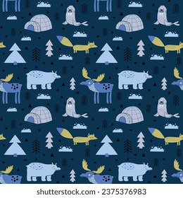 print design for kids fashion with cute arctic animals drawing as vector