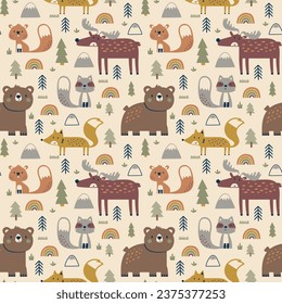 print design for kids fashion with cute forest animals drawing as vector