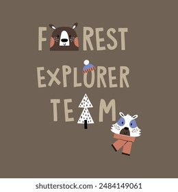print design for kids fashion with cute bear head, raccoon drawing and slogan as vector