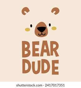 print design for kids fashion as vector with cute bear face drawing