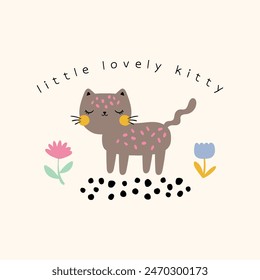 print design for kids fashion as vector with cute kitty and flower drawing