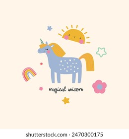 print design for kids fashion as vector with cute unicorn, sun, rainbow and flower drawing