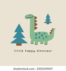 print design for kids textile with cute dinosaur drawing as vector