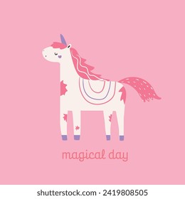 Print design for kids wear with cute unicorn drawing as vector