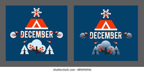 Print design on the subject in December. Season. Designed for printing, postcards, calendars, notebooks, diary. Bullfinches on branches, winter apple. Elements isolated on background. Flat style