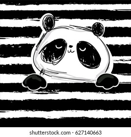 print design panda on striped background, children print on t-shirt