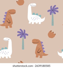 print design with pretty dinosaurs and tree drawing as vector