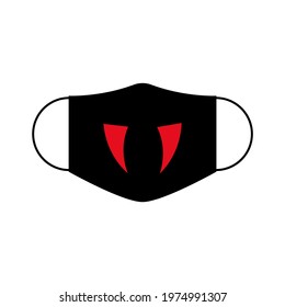 Print design of reusable mouth mask with red fangs in vector. Black face protection mask with monster or vampire. Isolated illustrations for halloween. 
