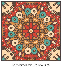 Print design for a square scarf, tablecloth, decorative panel or other creative project. Version No. 7. Retro palette. Vector illustration