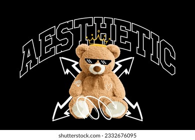 print design with teddy bear illustration in graffiti street art style, for streetwear and urban style t-shirts design, hoodies, etc.	