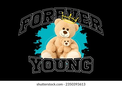 print design with teddy bear illustration in graffiti street art style, for streetwear and urban style t-shirts design, hoodies, etc.