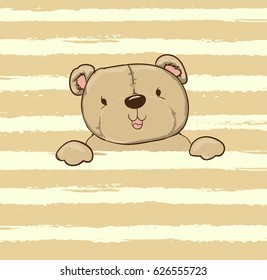 print design teddy bear on striped background, children print on t-shirt 