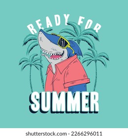 print design for tee with cool shark drawn, palms and typo as vector