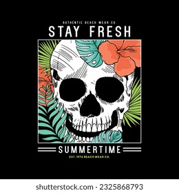 print design for tee with skull and tropical flower drawing