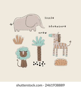 diseño de impresión para textil con elefante, cebra, dibujo de dibujos animados de león como Vector