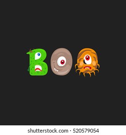 Print design for textile with Monsters letter and word Boo on the dark background. Vector illustration
