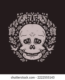 Print design for a t-shirt with a skull, ribbon and flowers.