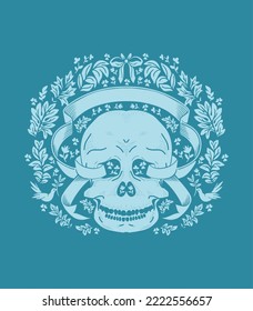 Print design for a t-shirt with a skull, ribbon and flowers.
