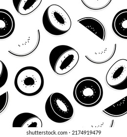 Print design vector illustration of black and white kiwi on white background. Seamless pattern with flat style.