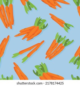 Print design vector illustration of orange carrot on blue background. Seamless pattern with flat style.	