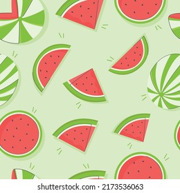 Print design vector illustration of red and green watermelon on white background. Seamless pattern with flat style. 