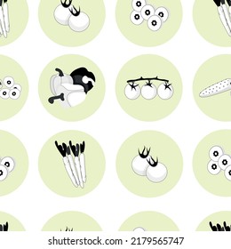 Imprima la ilustración vectorial de diseño de verduras sobre fondo blanco con concepto de círculo. Patrón inmaculado con estilo plano.	