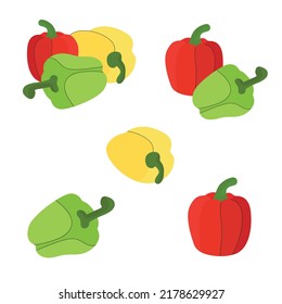 Print design vector illustration of yellow, red and green paprika collection. Cute set with flat style wirh your business.	
