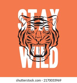 print design with wild tiger face drawing as vector