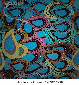 Imprimir. Diseño de envoltura y papel de regalo, tarjetas de felicitación, banner y afiches. Patrón de tela de moda. Vector. Doodles negros, azules y marrones en colores.