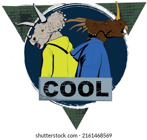 Print with dinosaurs hipster. Dino fashion characters. Hand-drawn sketch. Vector engraved illustration for label, logo and t-shirt 