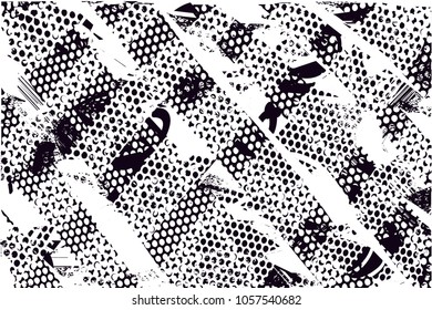 Print distress background in black and white texture with spots, scratches and lines. Abstract vector illustration