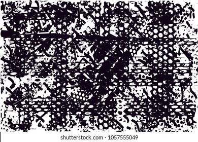 Print distress background in black and white texture with spots, scratches and lines. Abstract vector illustration